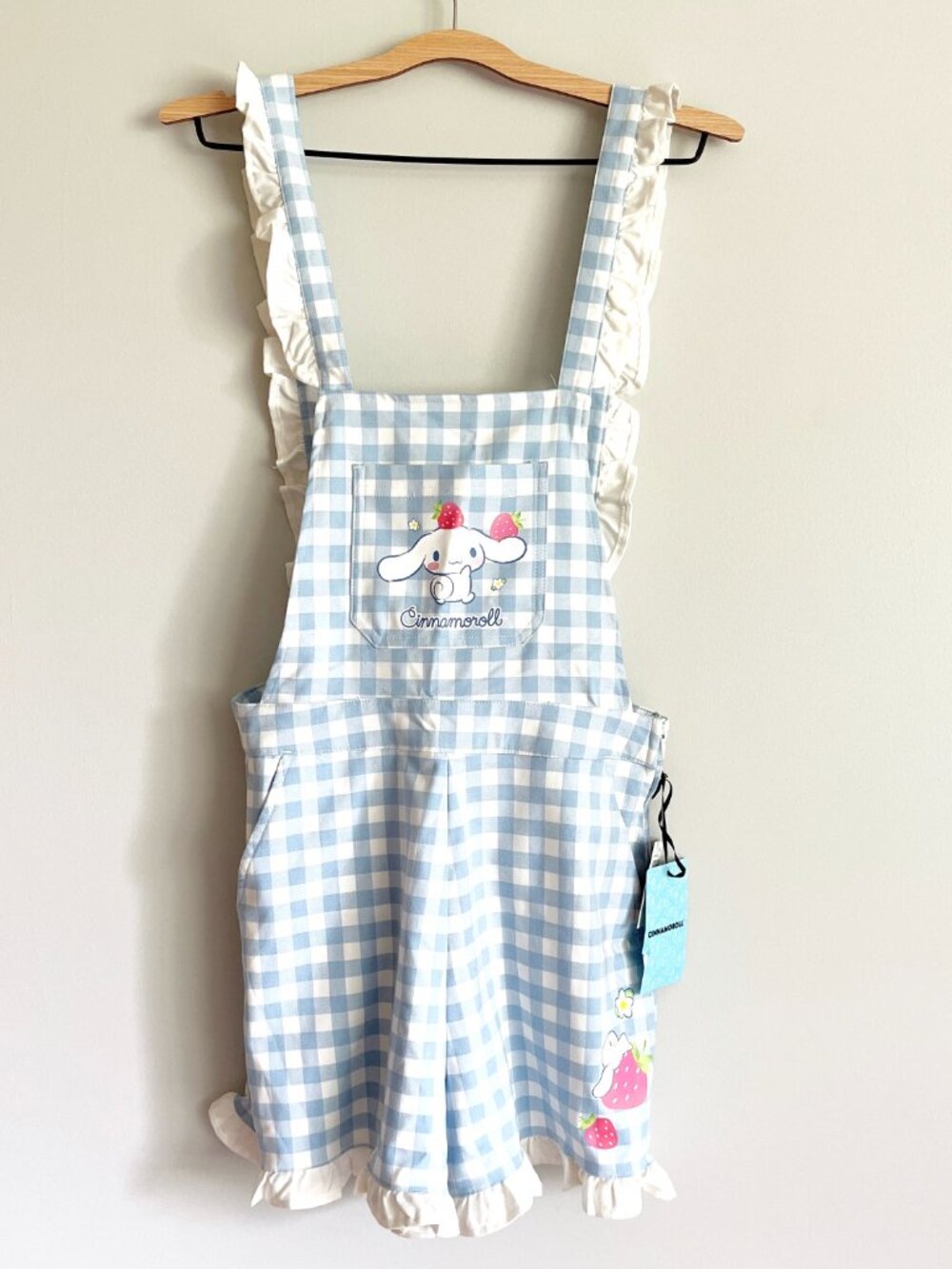 Hot Topic Sanrio Shortall Overalls Size Small Cinnamoroll Blue White Gingham NWT